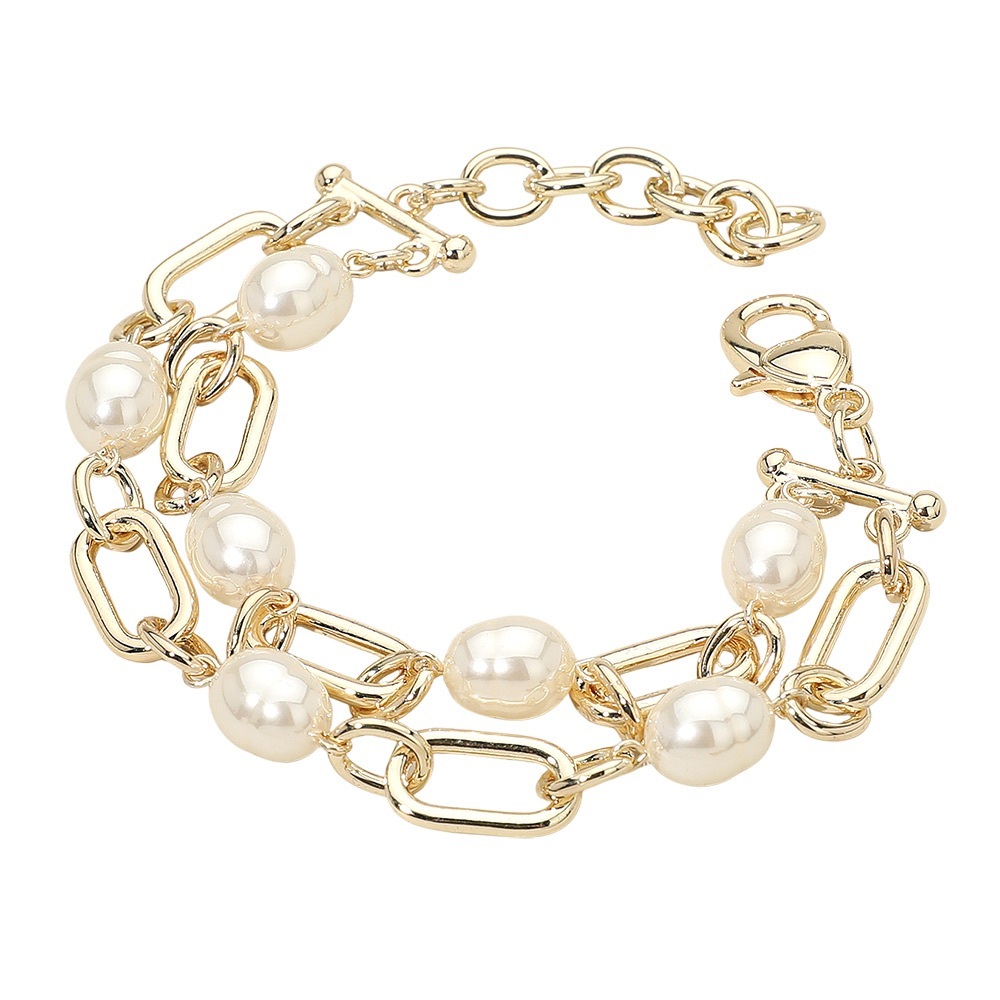Elegant 14K Gold Plated Double Strand Pearl Chain Bracelet Toggle Closure